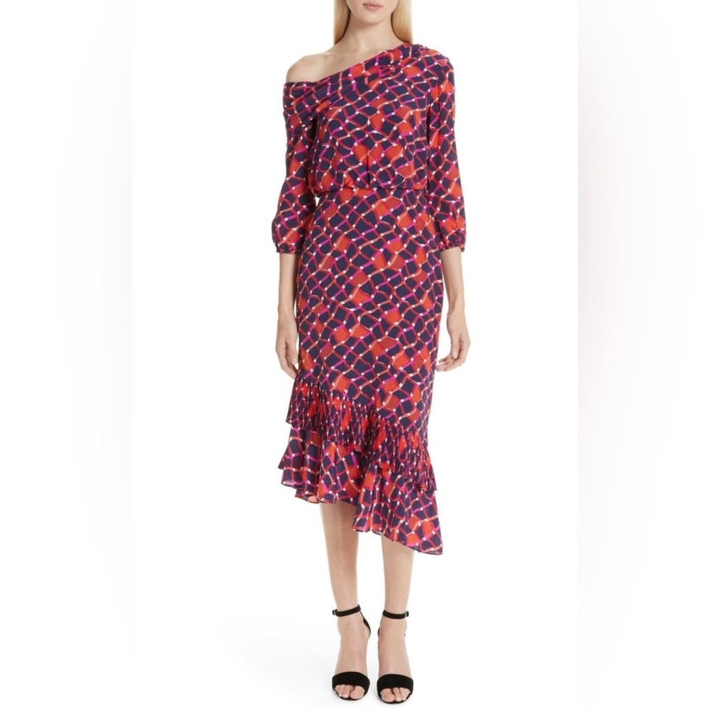 Saloni Silk Off-Shoulder Ruffle Midi Dress Size 4 | Red Blue Geometric Print NWT